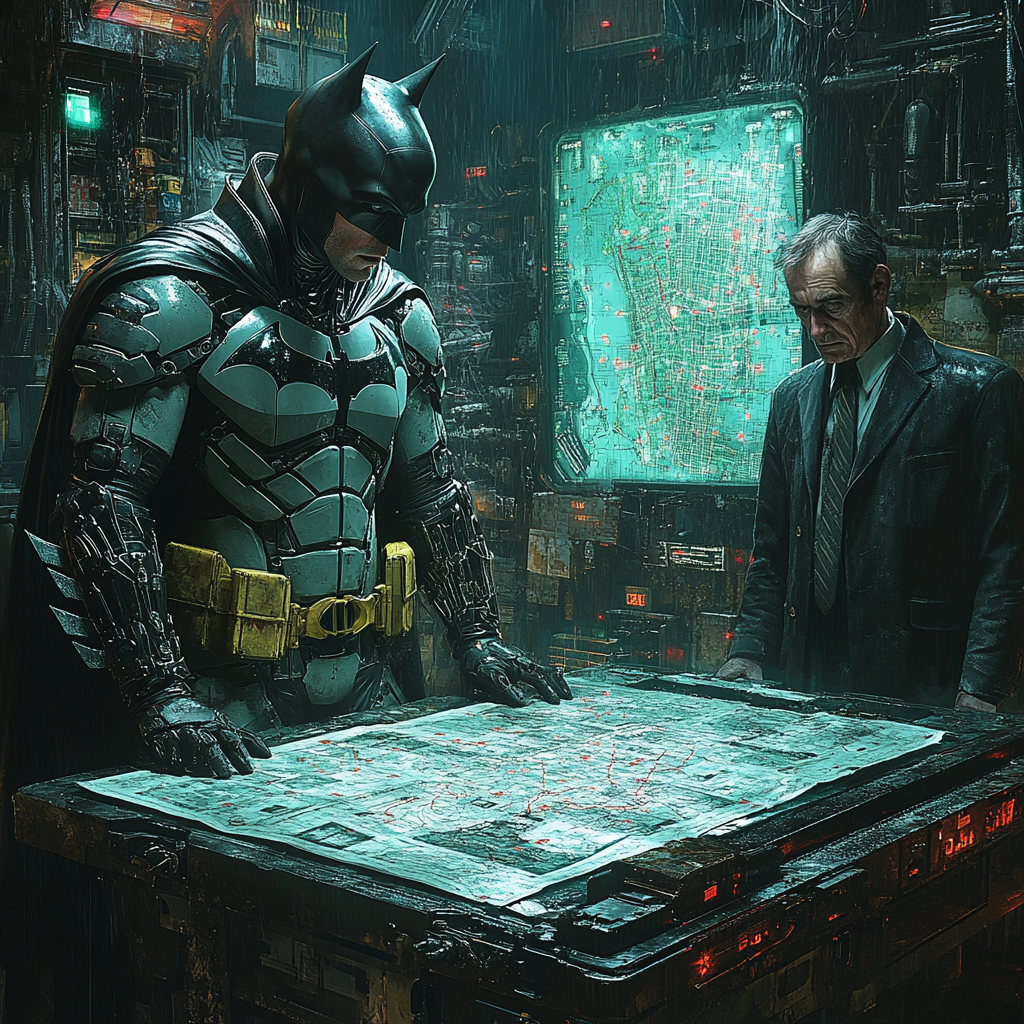 Batman and Alfred plan in dim hideout with gadgets.