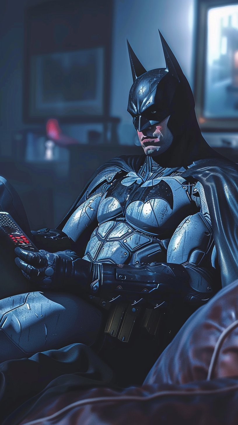 Batman lounging on sofa with TV remote in dim room