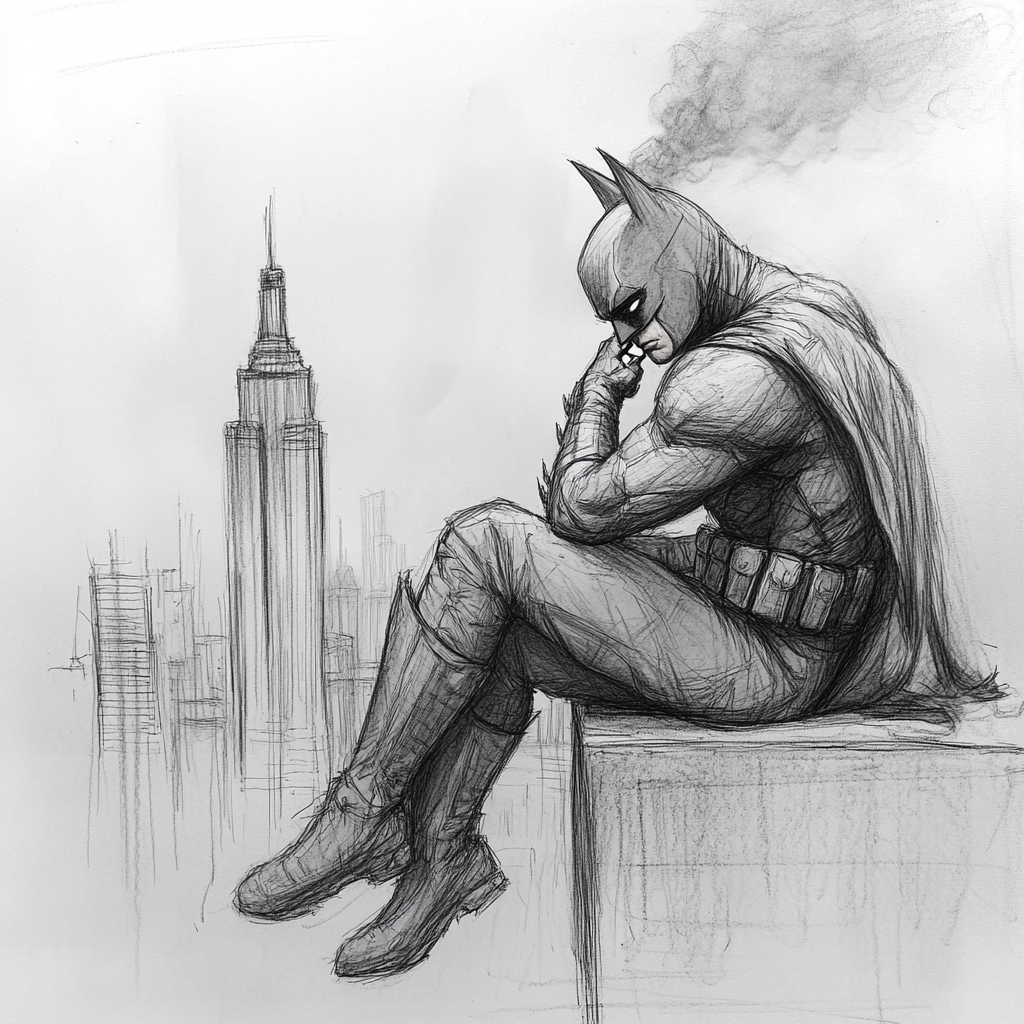 Batman sits on ledge overlooking skyline, tired, smoking.