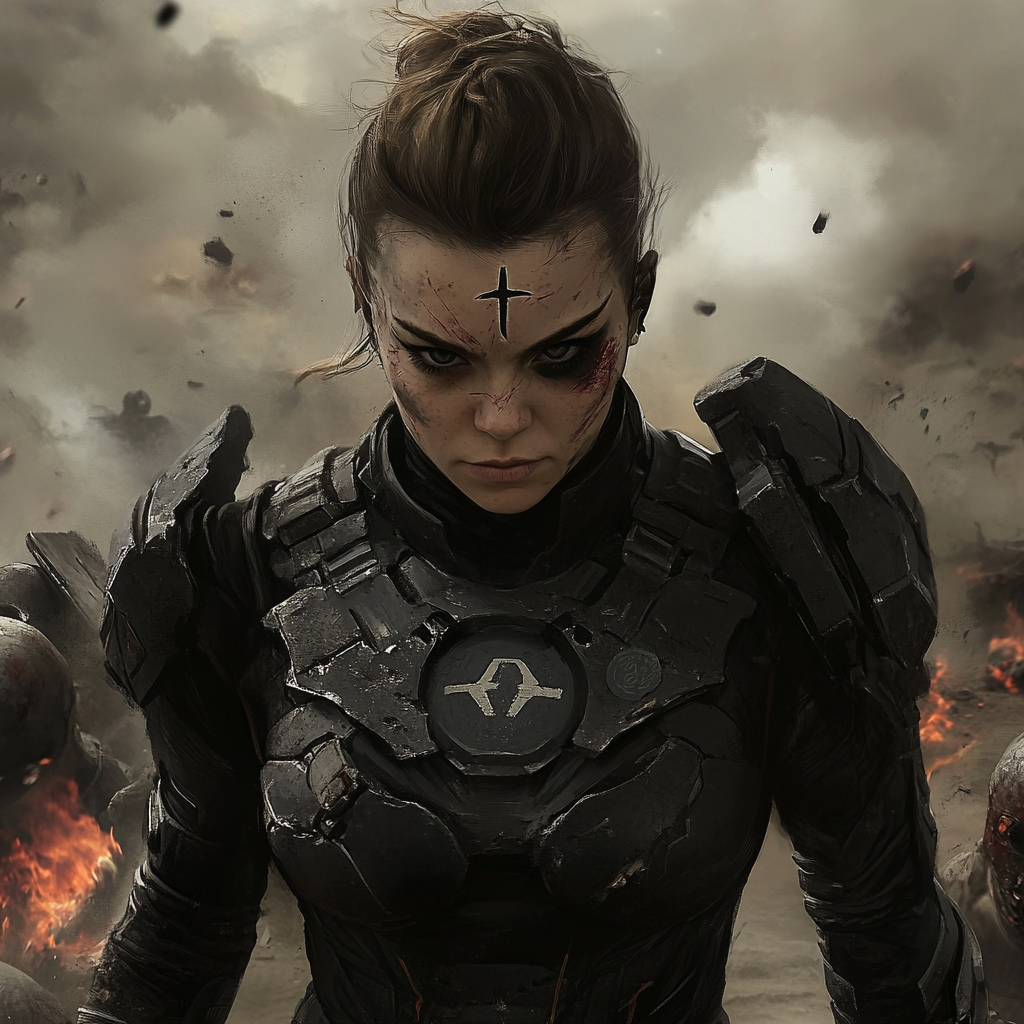 Battle Sister Diana in exo-suit surveys smoky battlefield.