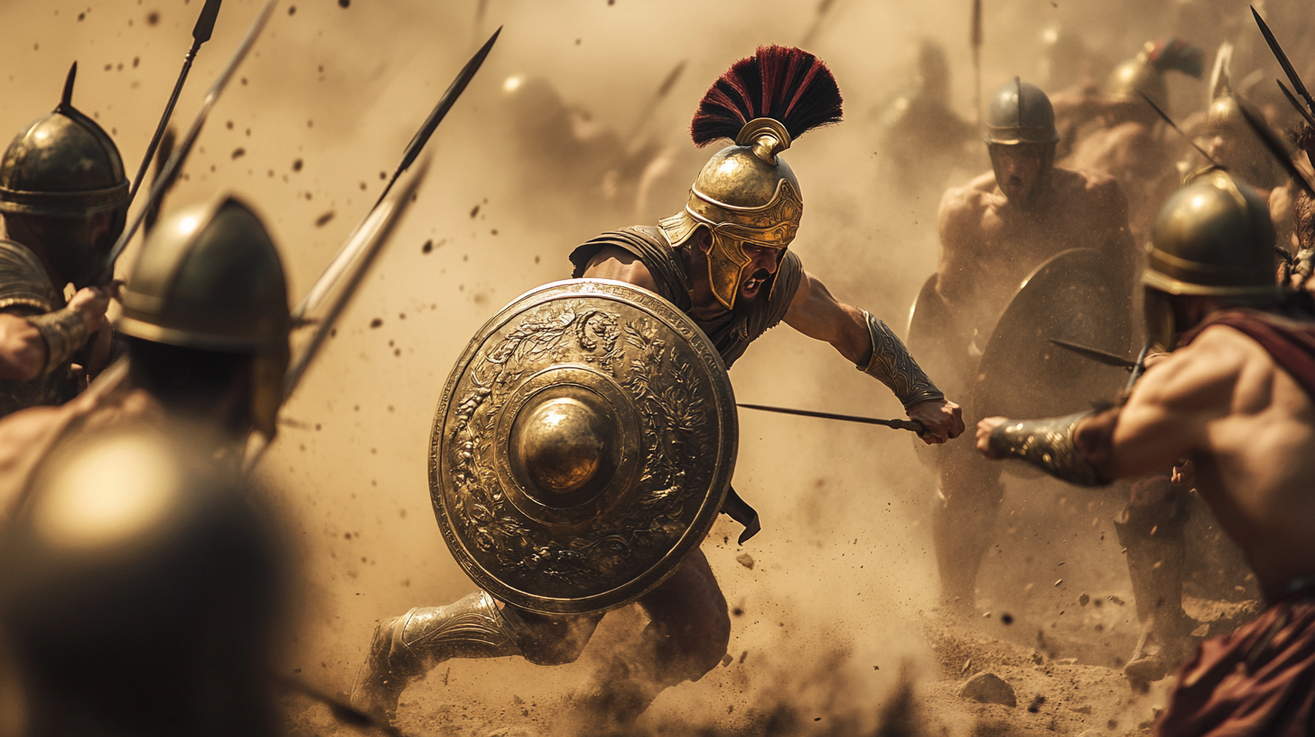 Battle between Greek and Persian warriors, chaotic and intense.