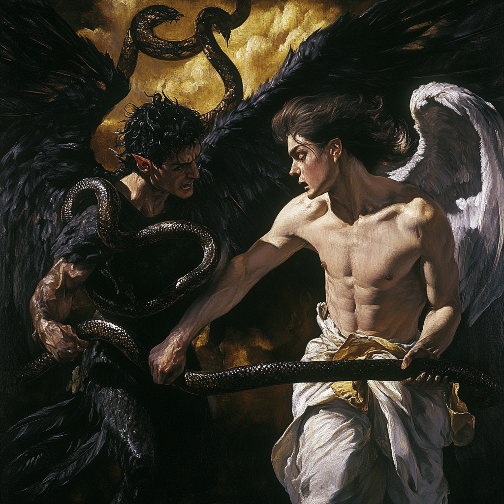 Battle between devil and angel with esoteric symbols background.