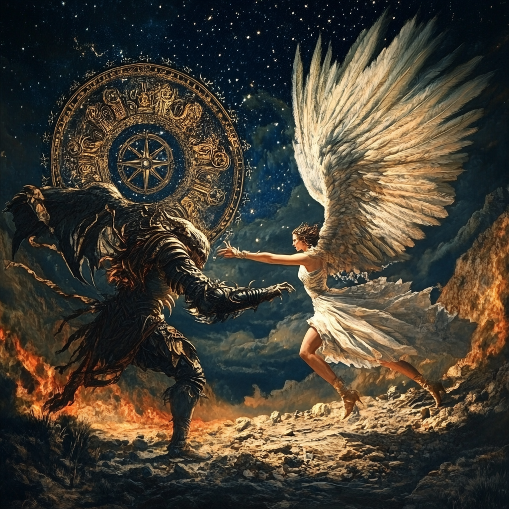 Battle between winged demon and archangel in painting.