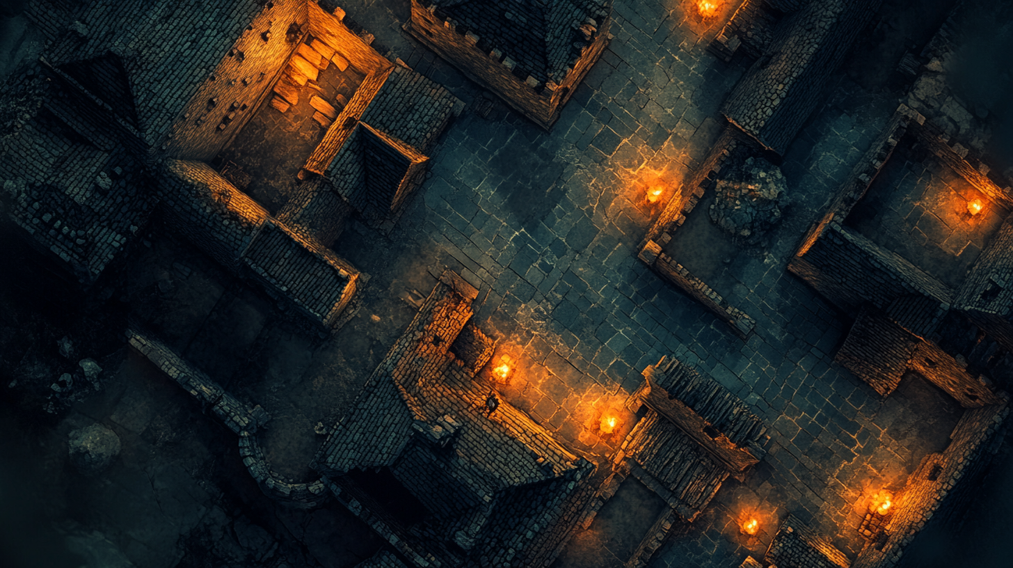 Battle map displaying castle rooftops at night with torches.