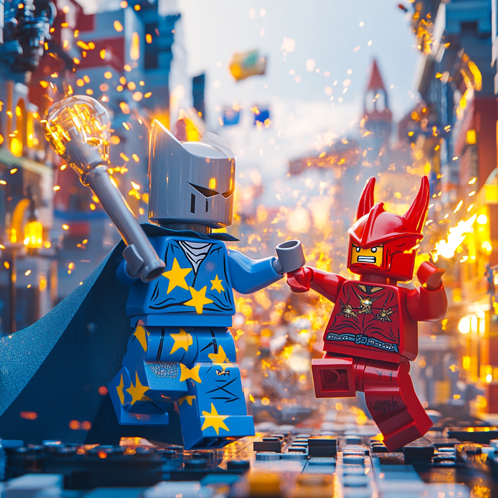 Battle of Blue Robe vs. Lego Knight in 4K Cityscape