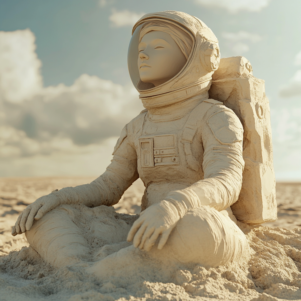 Beach Sand Astronaut Woman: Kilmt-Inspired Sculpture at Dawn