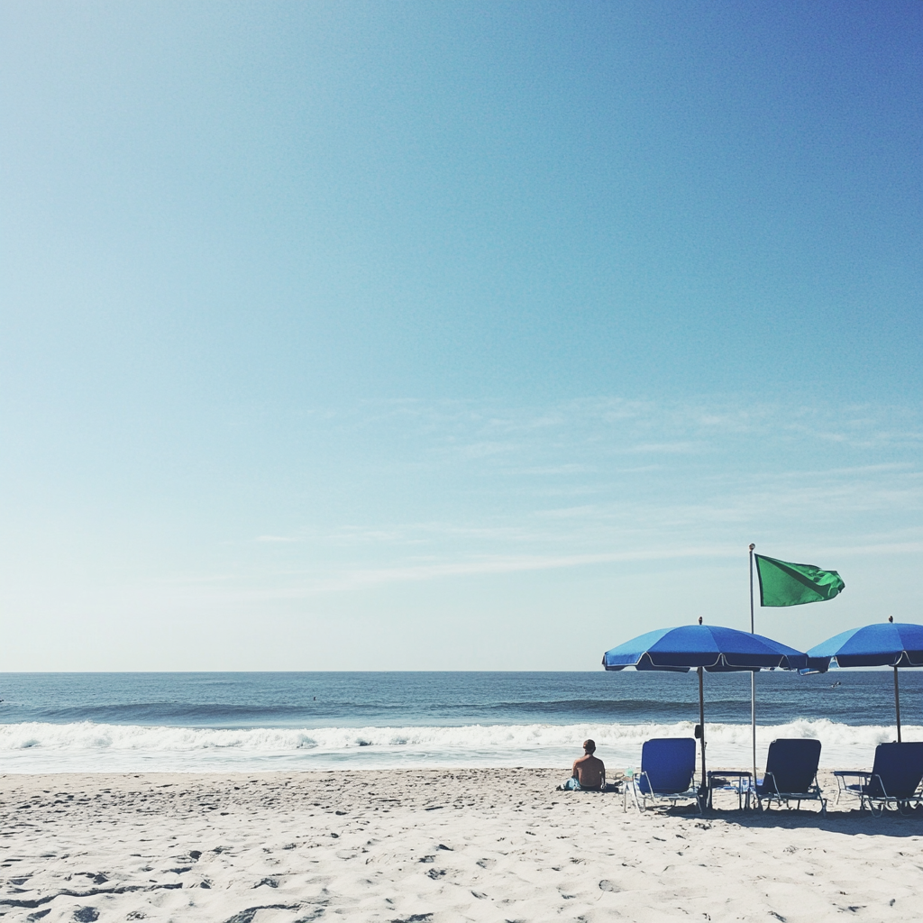 Beach in Long Island, NY with blue umbrellas, chairs.