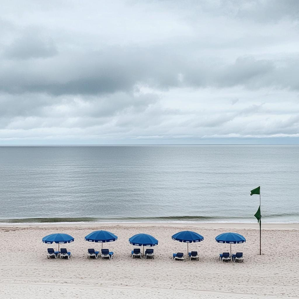 Beach scene in Long Island with umbrellas and chairs.