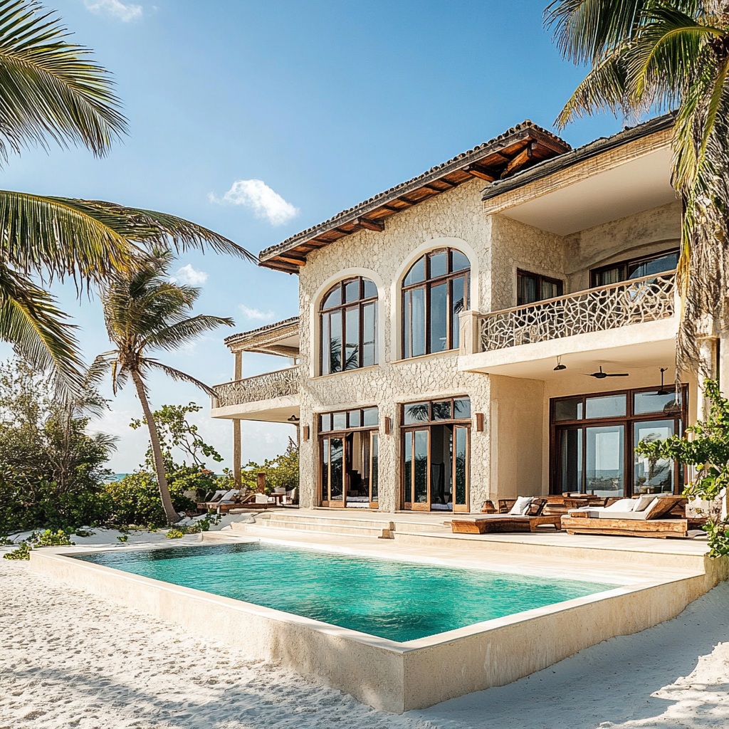 Beachfront villa in Zanzibar, Balinese and Mediterranean style.