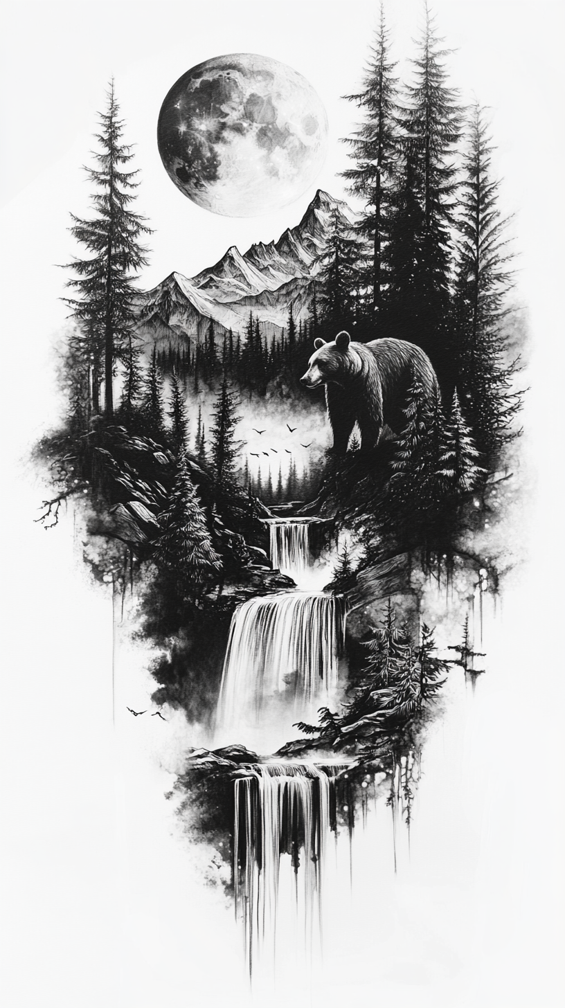 Tattoo Design of a Bear by waterfall among trees and mountains