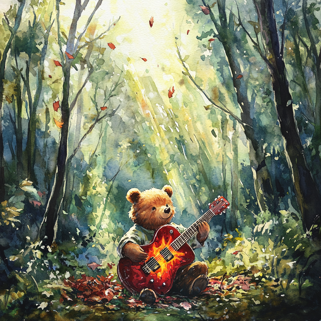 Bear finds guitar in enchanted forest painting