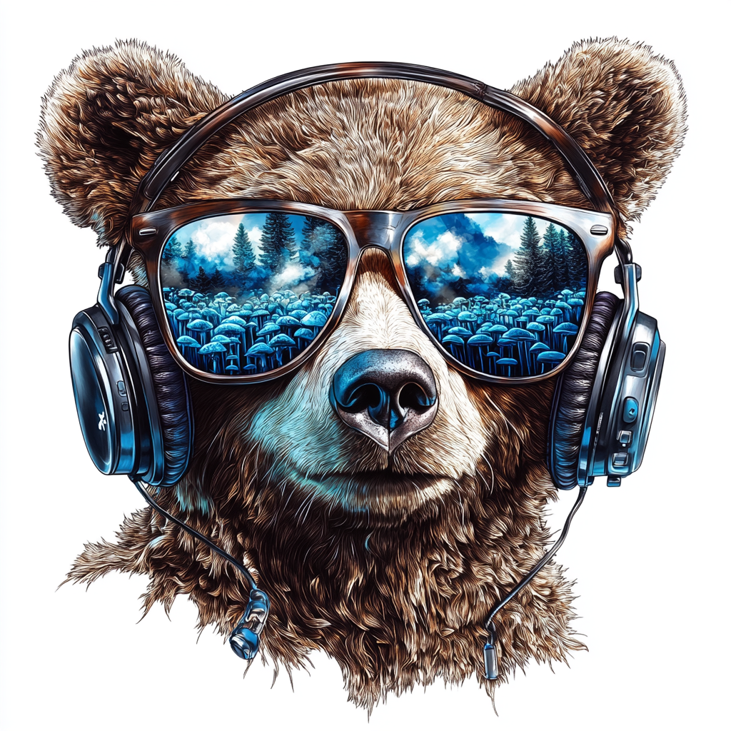 Bear wears rayban sunglasses with reflection of blue mushrooms.