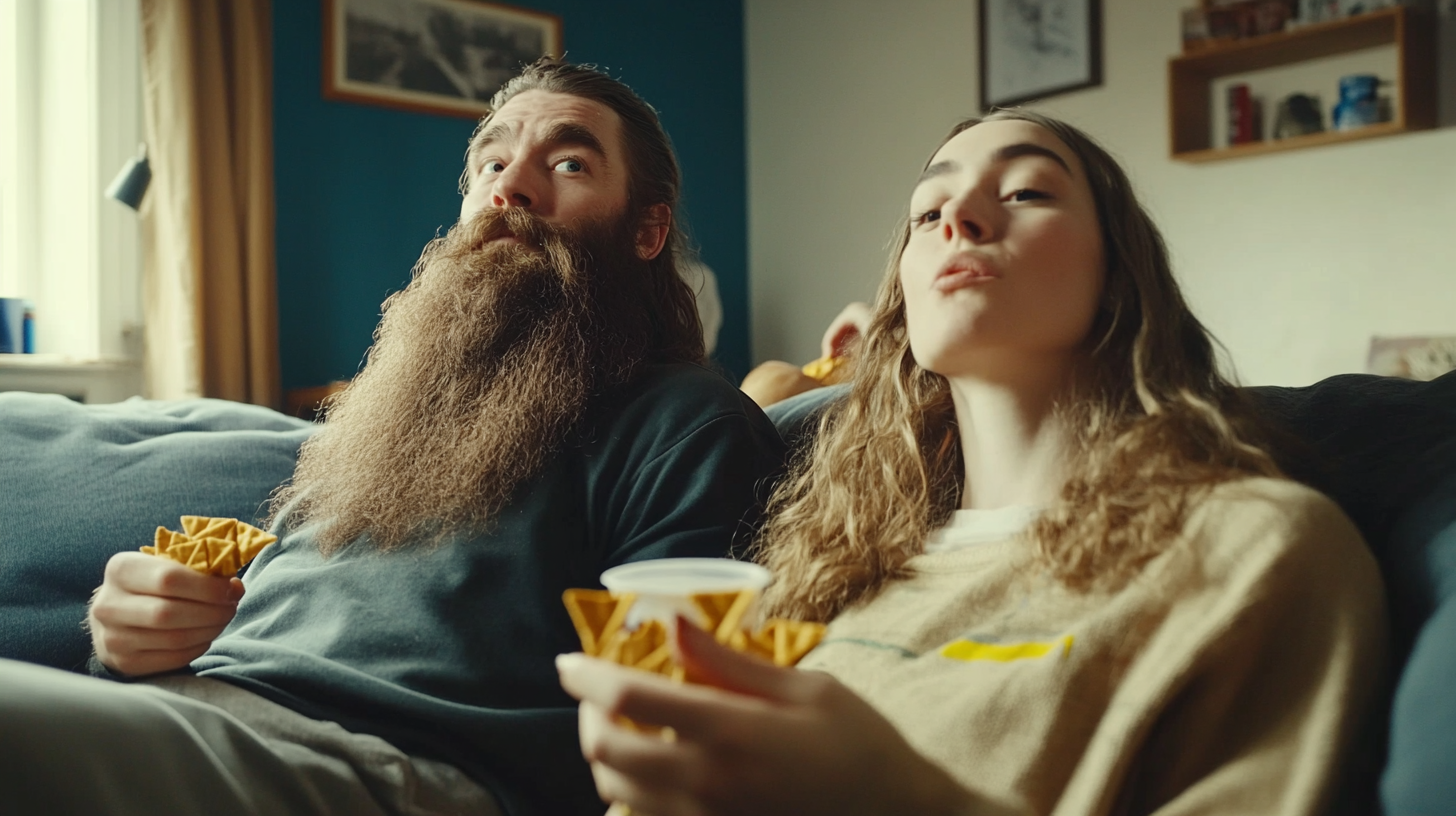 Bearded Couple Snacking on Sofa in Cinematic Style