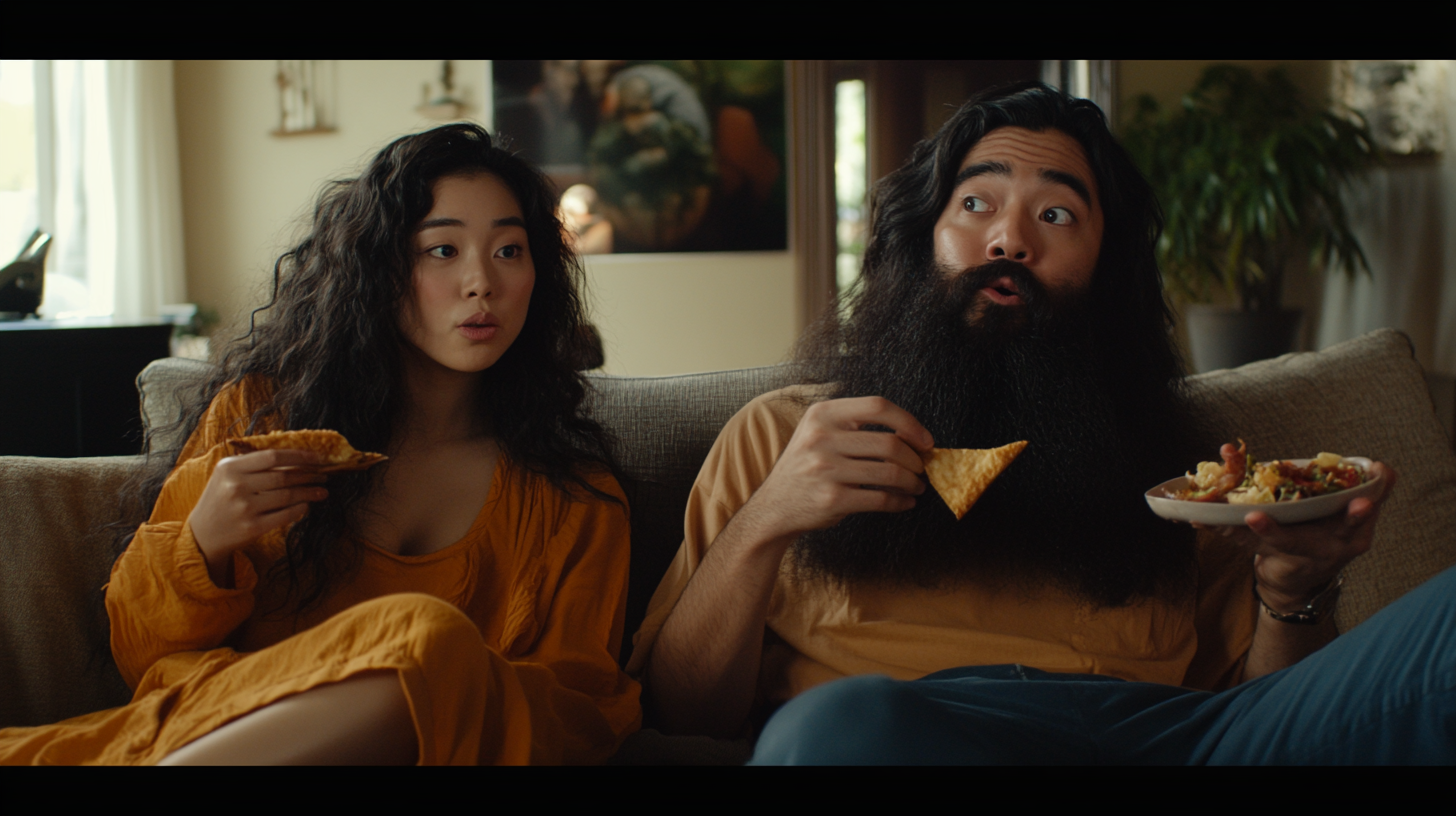 Bearded couple enjoying snacks in cinematic 4K