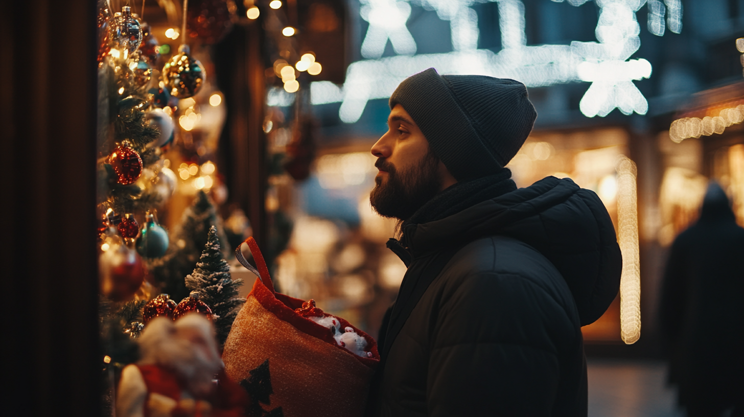 Bearded man looks at Santa's sack outside shop, cinematic.