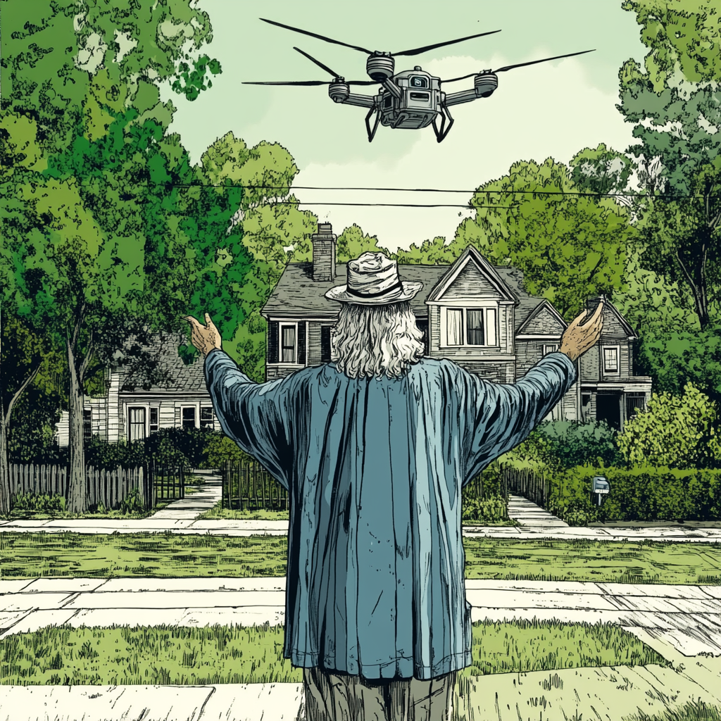 Bearded wizard triumphs as drones mow lawn.