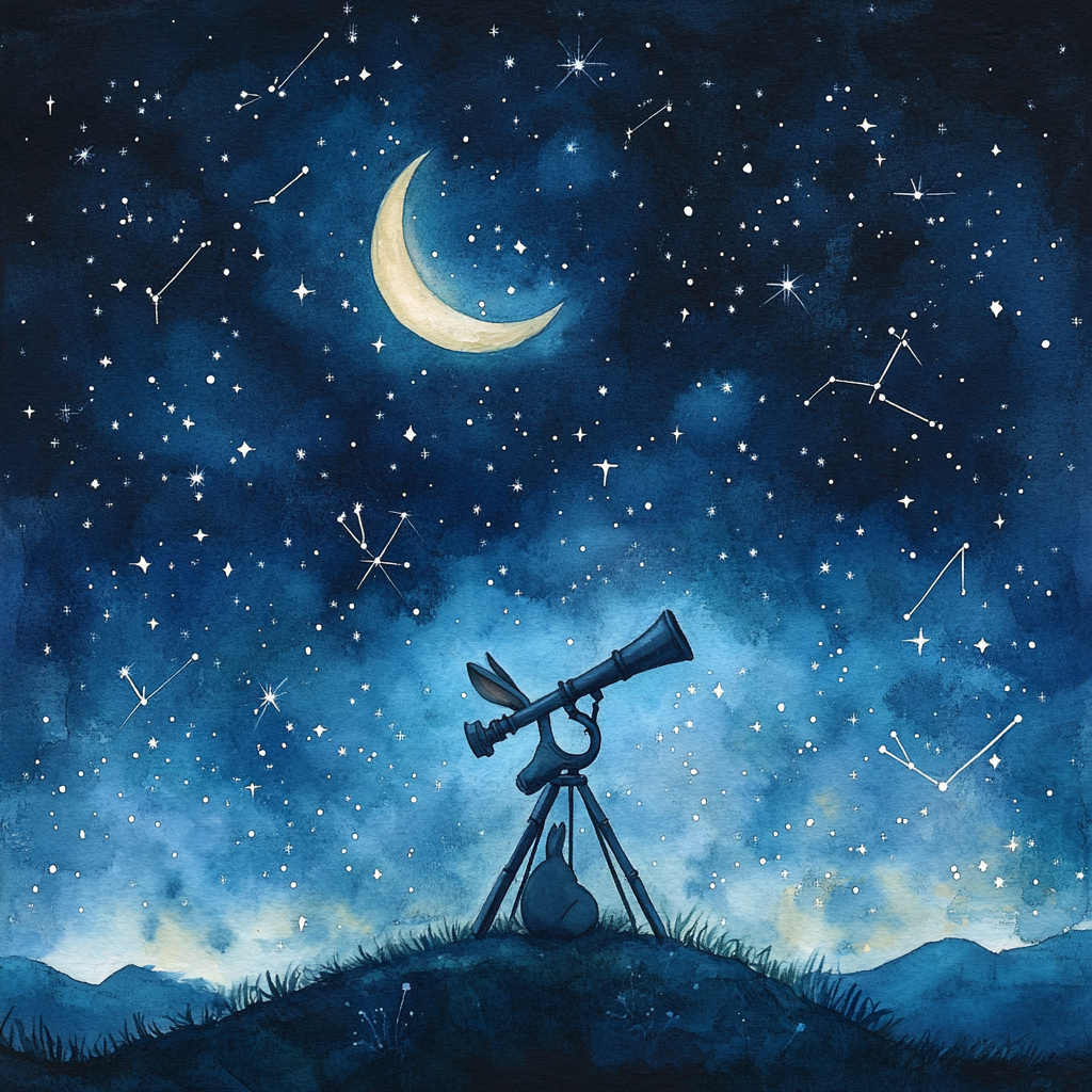 Beatrix Potter-inspired bunny gazes at stars with telescope.