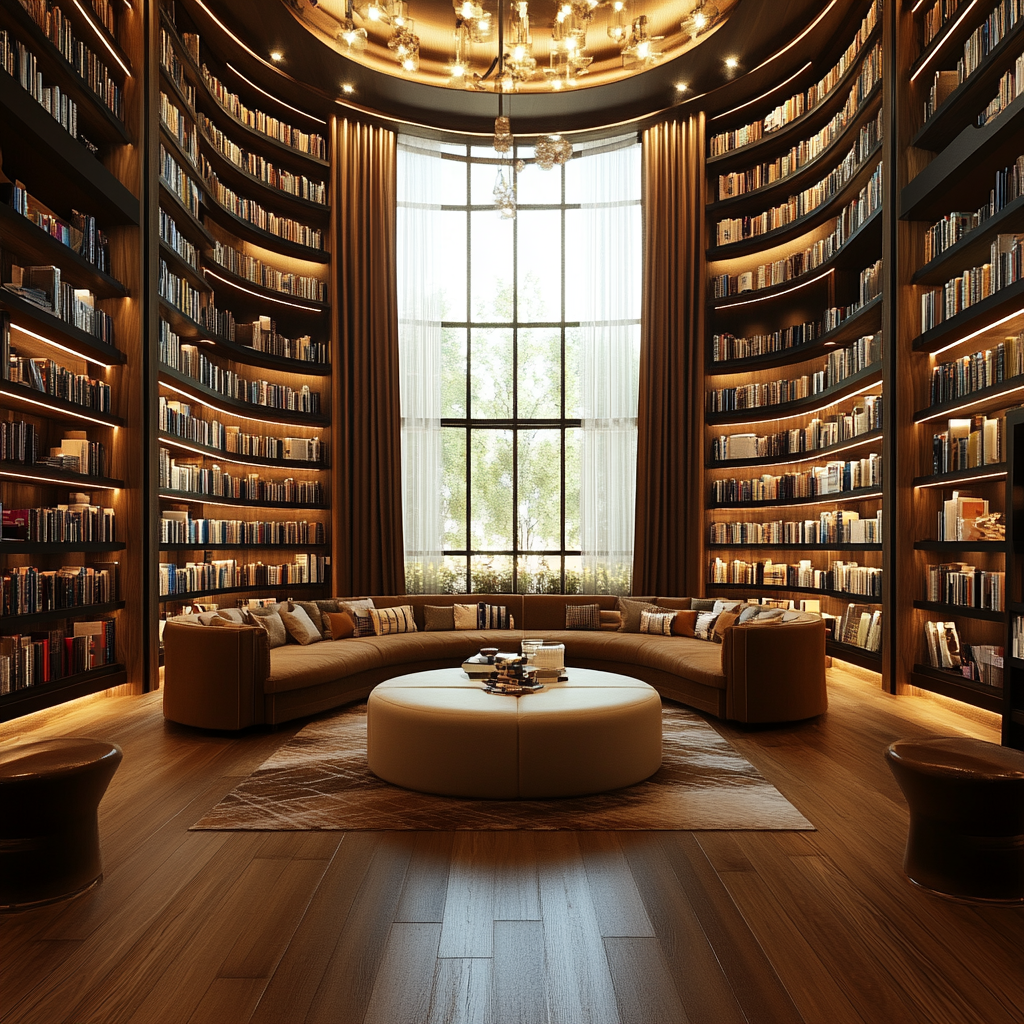 Beautiful, modern library with English books and cozy spaces.