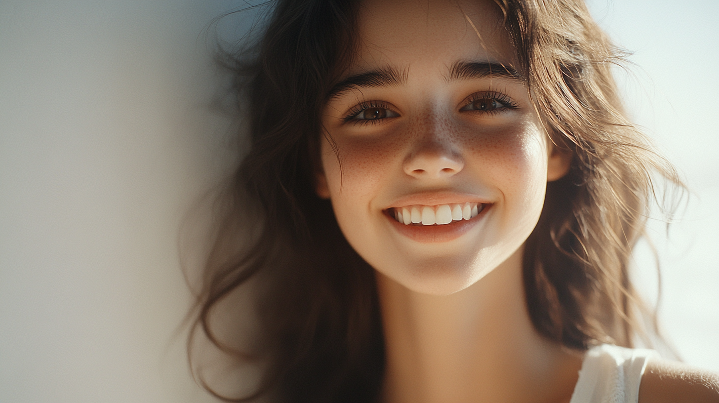 Beautiful, smiling girl not wearing makeup in shot.