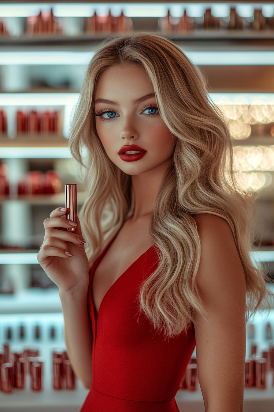 Beautiful 25-Year-Old Woman in Lipstick Boutique