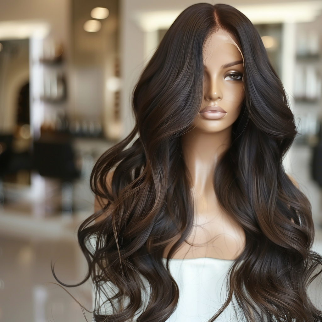 Beautiful 30-inch body wave lace front wig display.