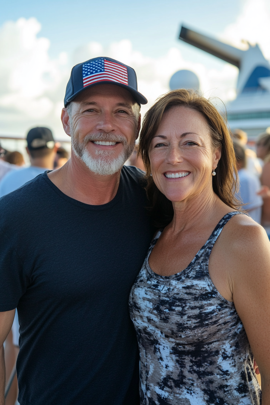 Beautiful 55-year-old couple on cruise ship deck