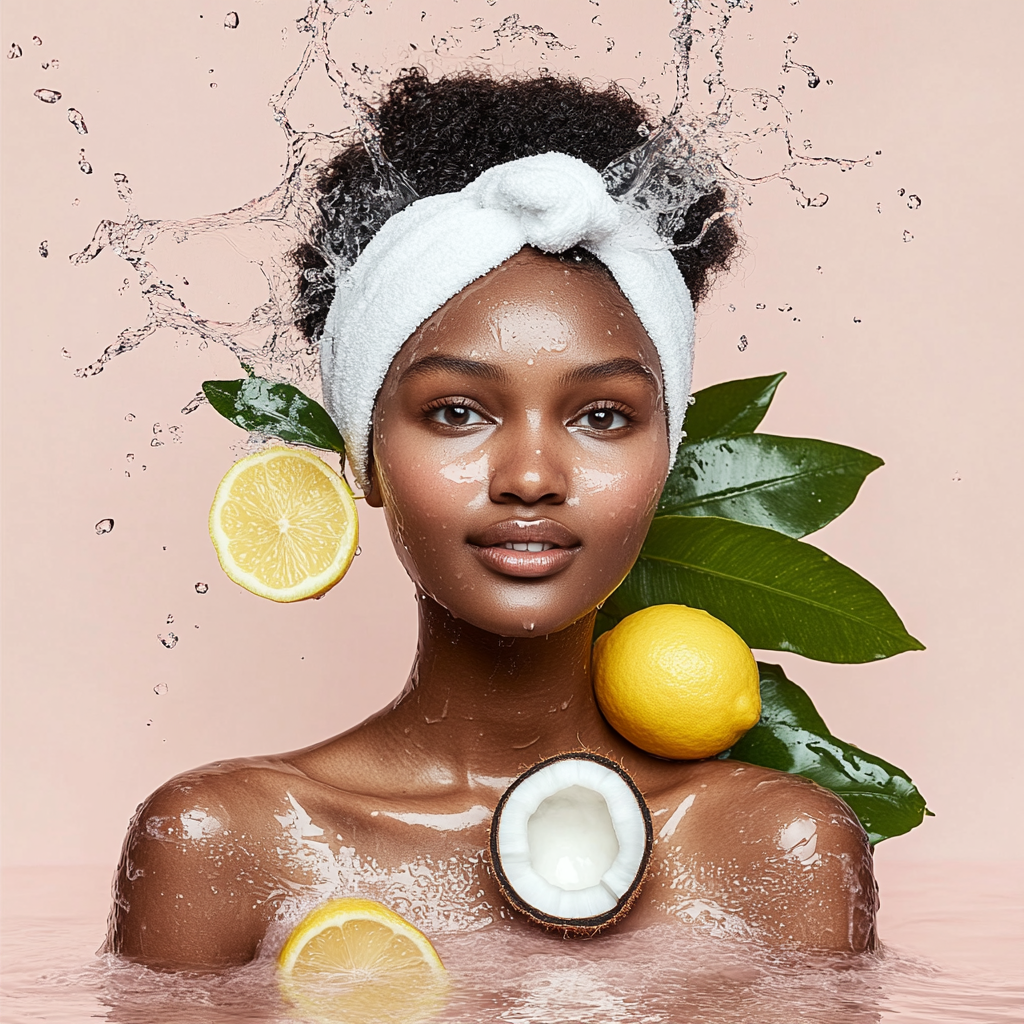 Beautiful African model washing with water and fruit