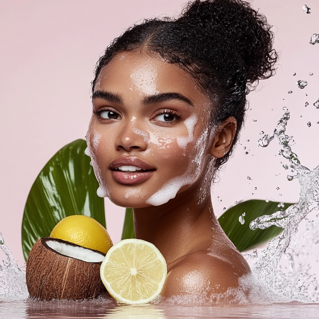 Beautiful African woman with coconut and lemon props