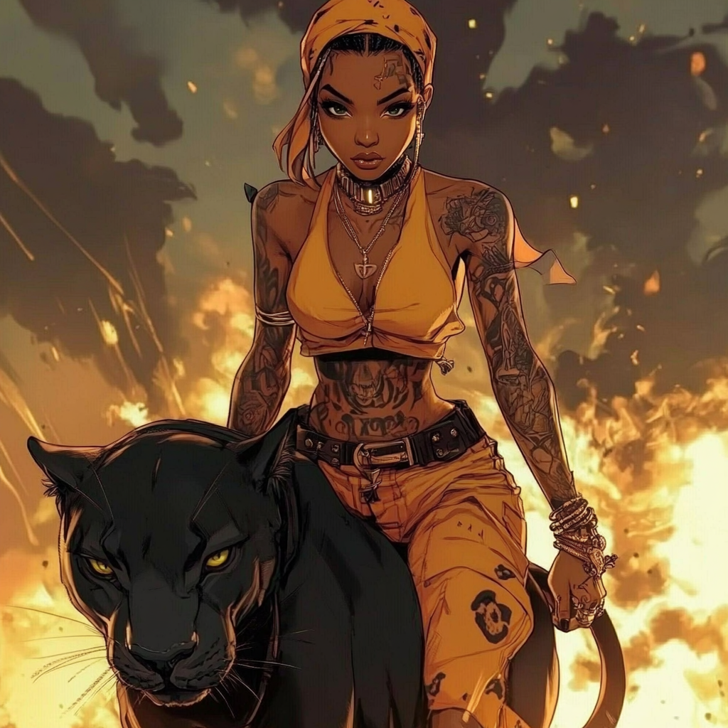 Beautiful African woman with tattoos riding black panther