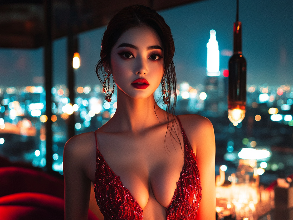 Beautiful Asian girl in cocktail dress at sky bar.