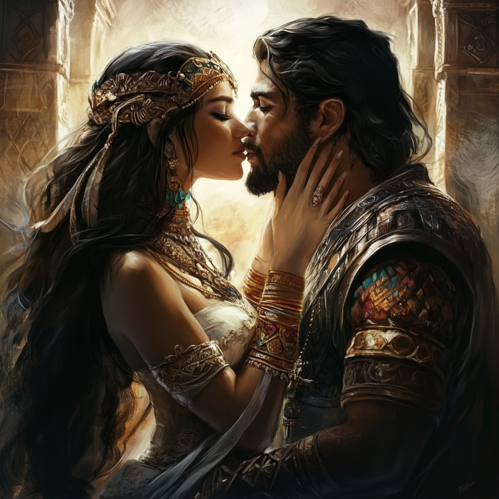 Beautiful Aztec queen kissing strong Persian king. Ethereal.