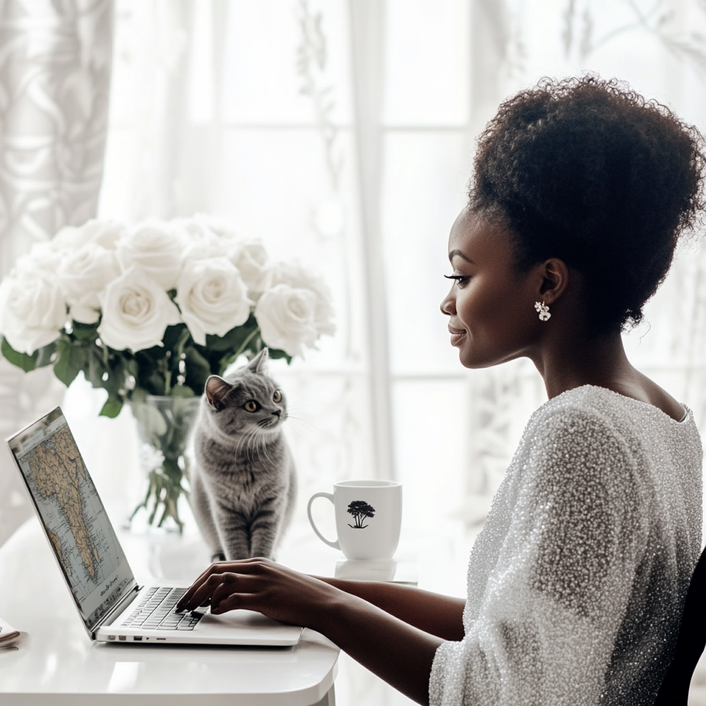 Beautiful Black Woman With Laptop and Coffee Mug in Home Office