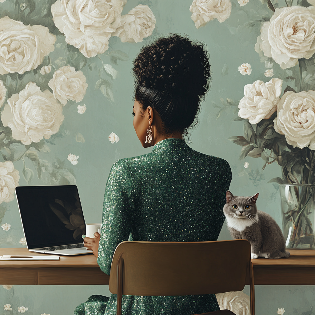 Beautiful Black Woman Working in Cozy Home Office