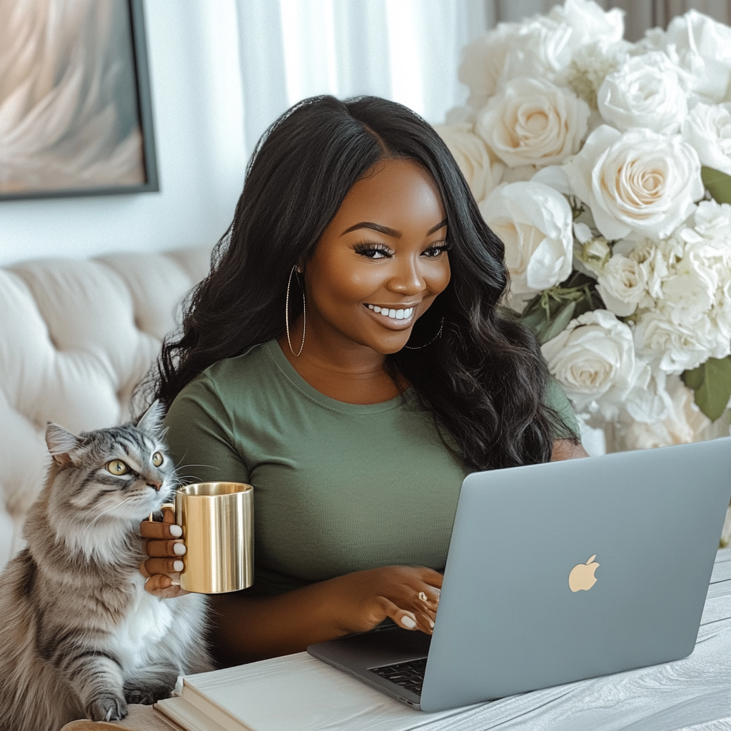 Beautiful Black Woman in Home Office with Cat