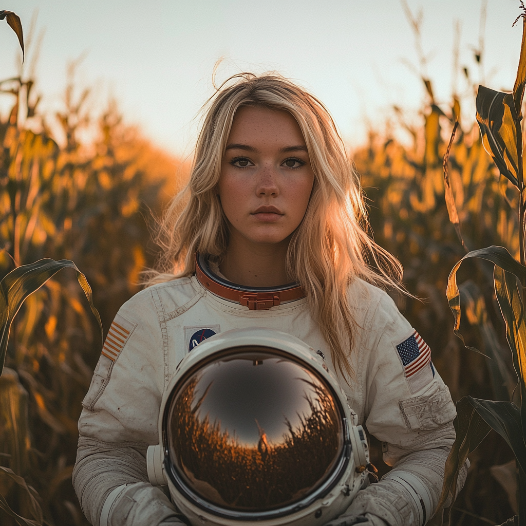 Beautiful Blonde Woman in Astronaut's Uniform at Sunset