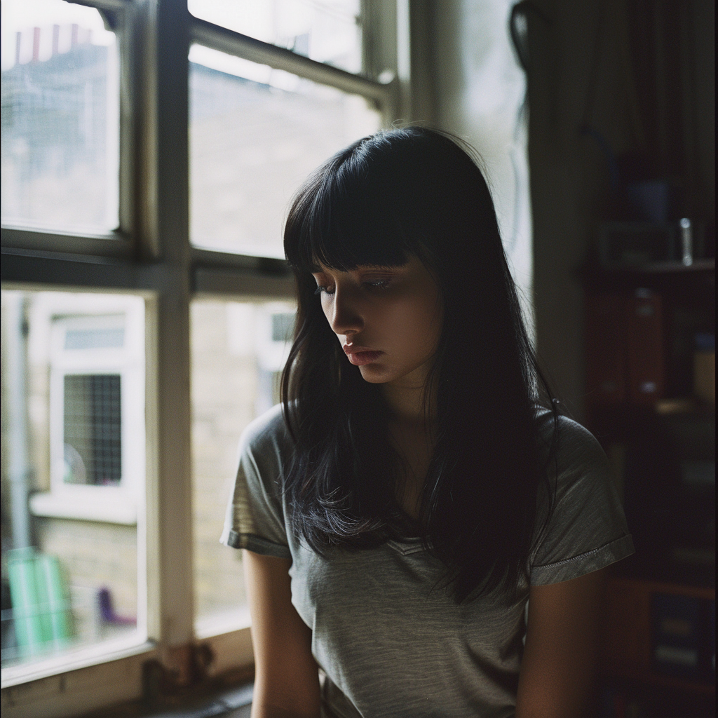 Beautiful British model in grey tshirt in loft apartment.