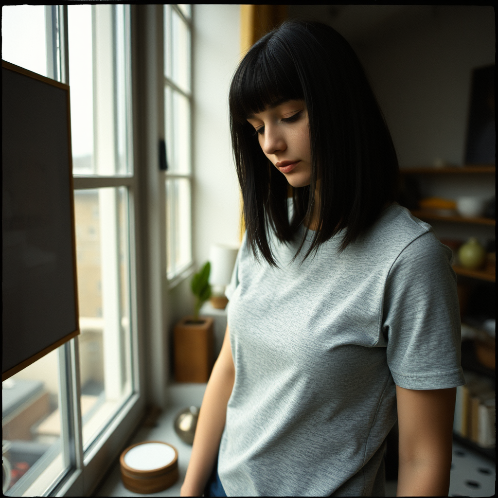 Beautiful British model on hot day in loft apartment.