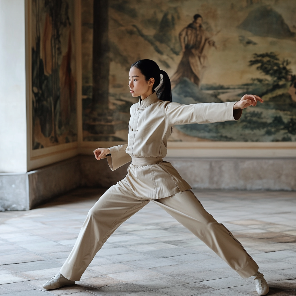 Beautiful Chinese woman in beige Hermes jumpsuit dueling opponent.