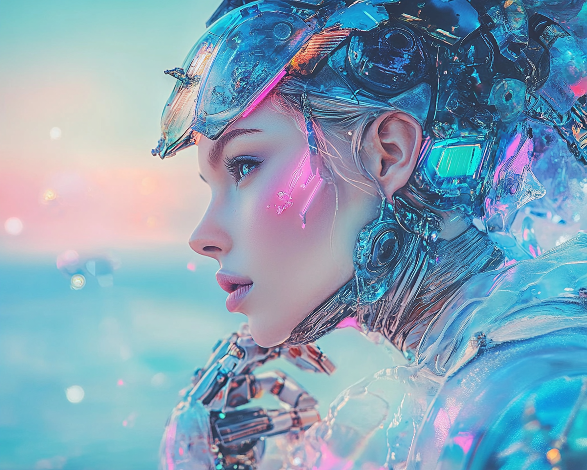 Beautiful Cyborg Woman Contemplating Choices by Sea