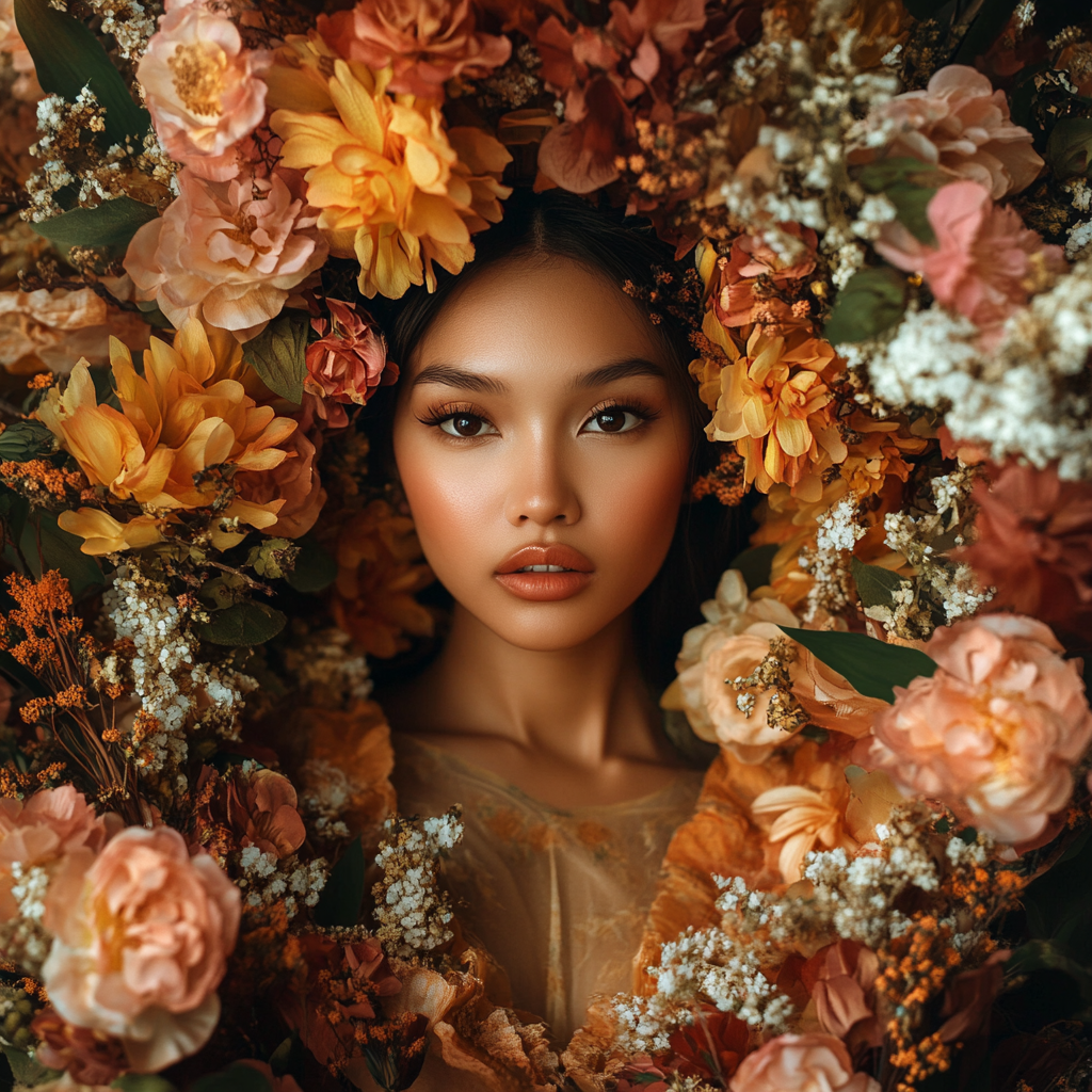 Beautiful Filipina Lady in Colorful Floral Dress.