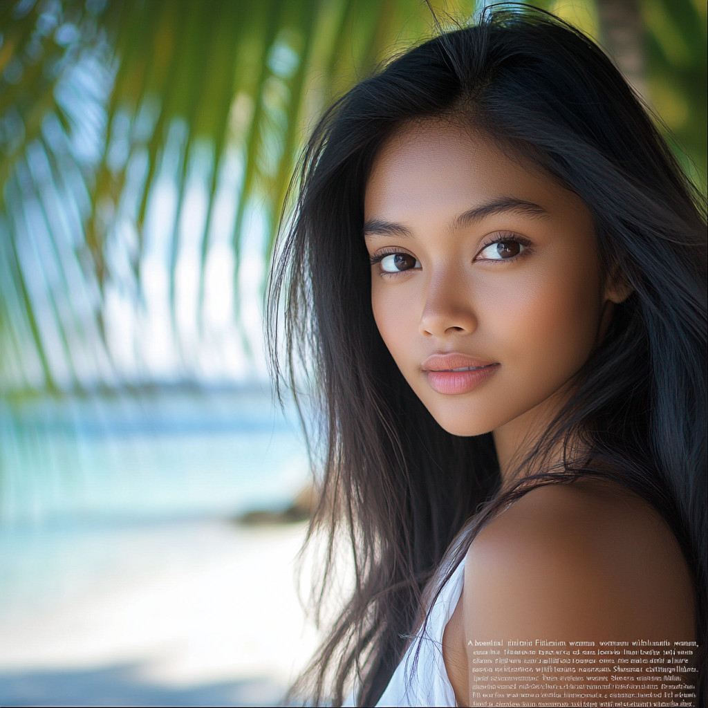 Beautiful Filipino Woman in Elegant White Sundress on Beach