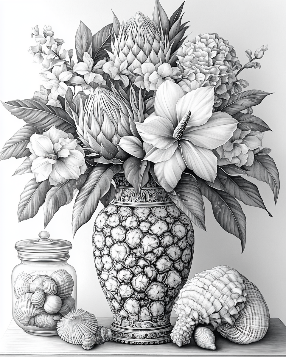 Beautiful Hawaiian Flower Arrangement in Black and White