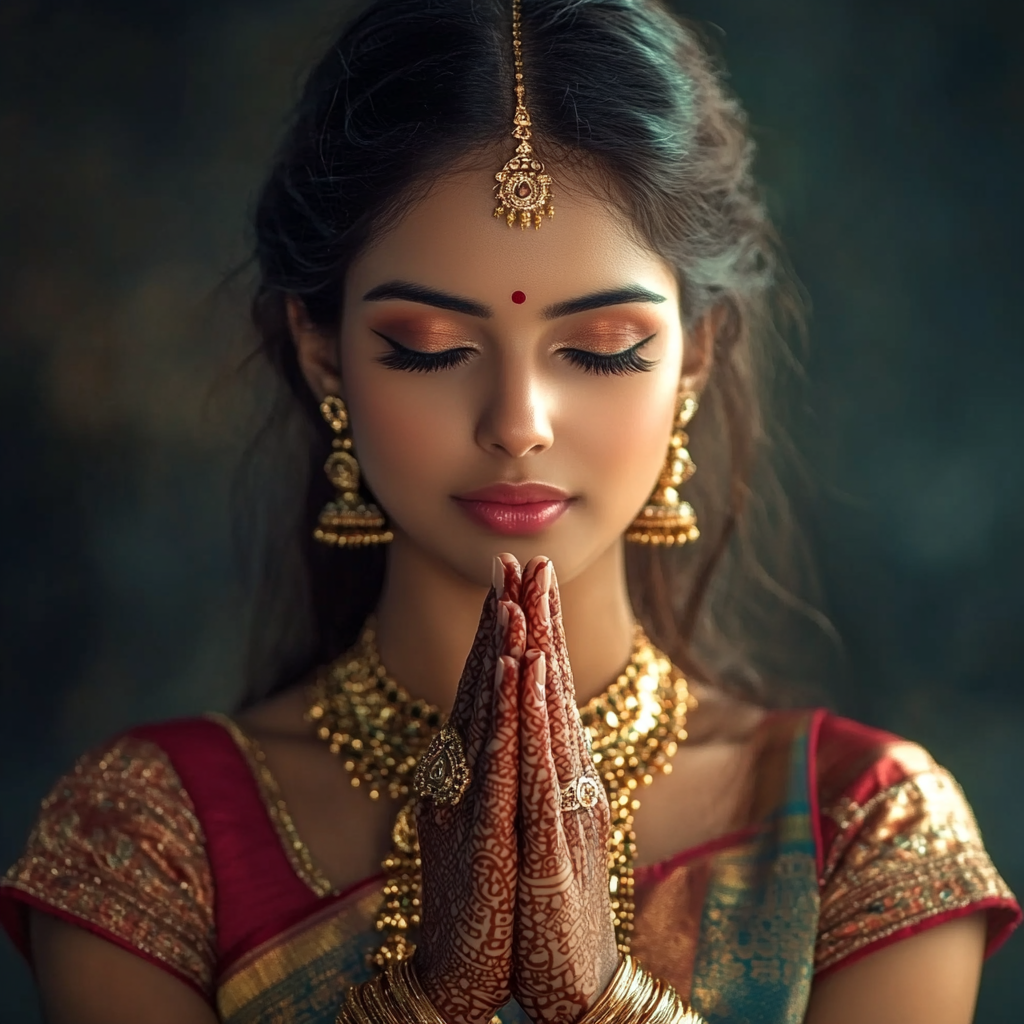 Beautiful Indian girl in Namaste pose, traditional attire