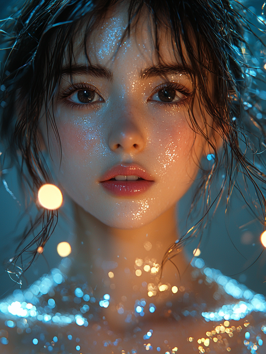 Beautiful Japanese girl in metallic dress, realistic cinematic style.