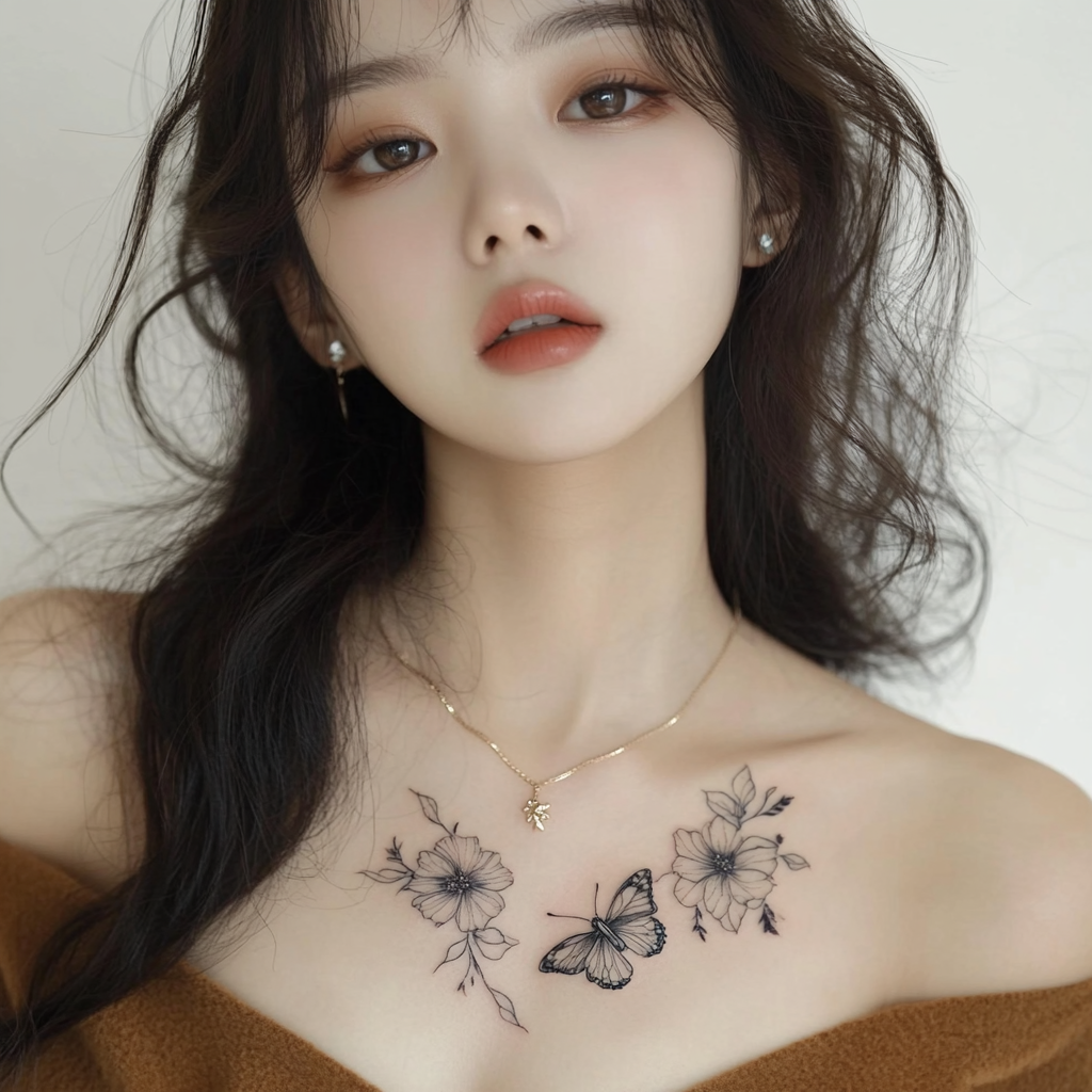 Beautiful Korean Girl with Winter Tattoo and Butterfly