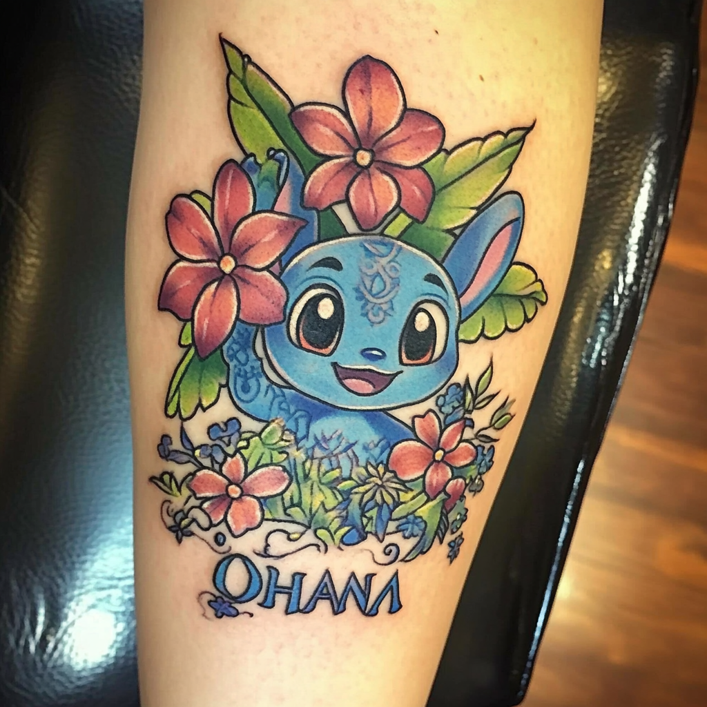 Beautiful Lilo and Stitch Hawaiian tattoo symbolizing family love.