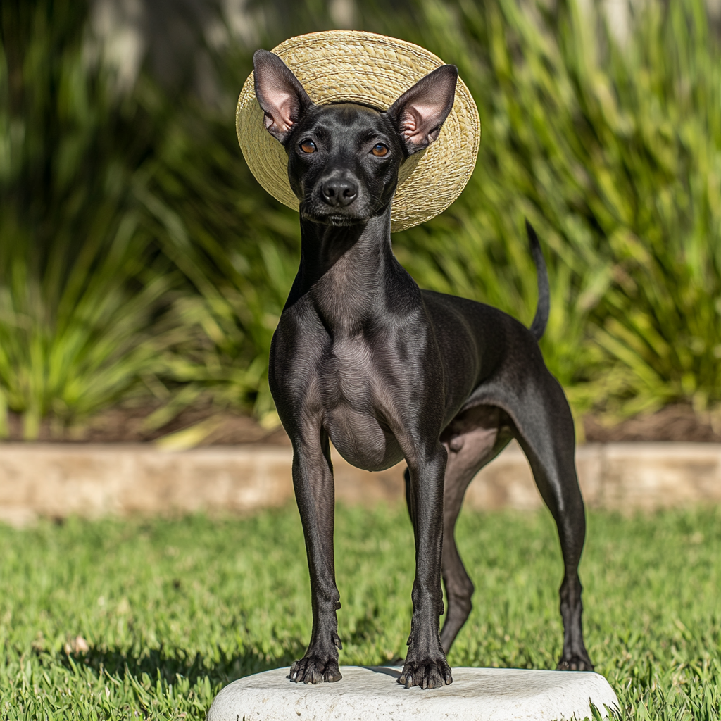 Beautiful Mexican Xoloitzcuintle in Sombrero on Stone 