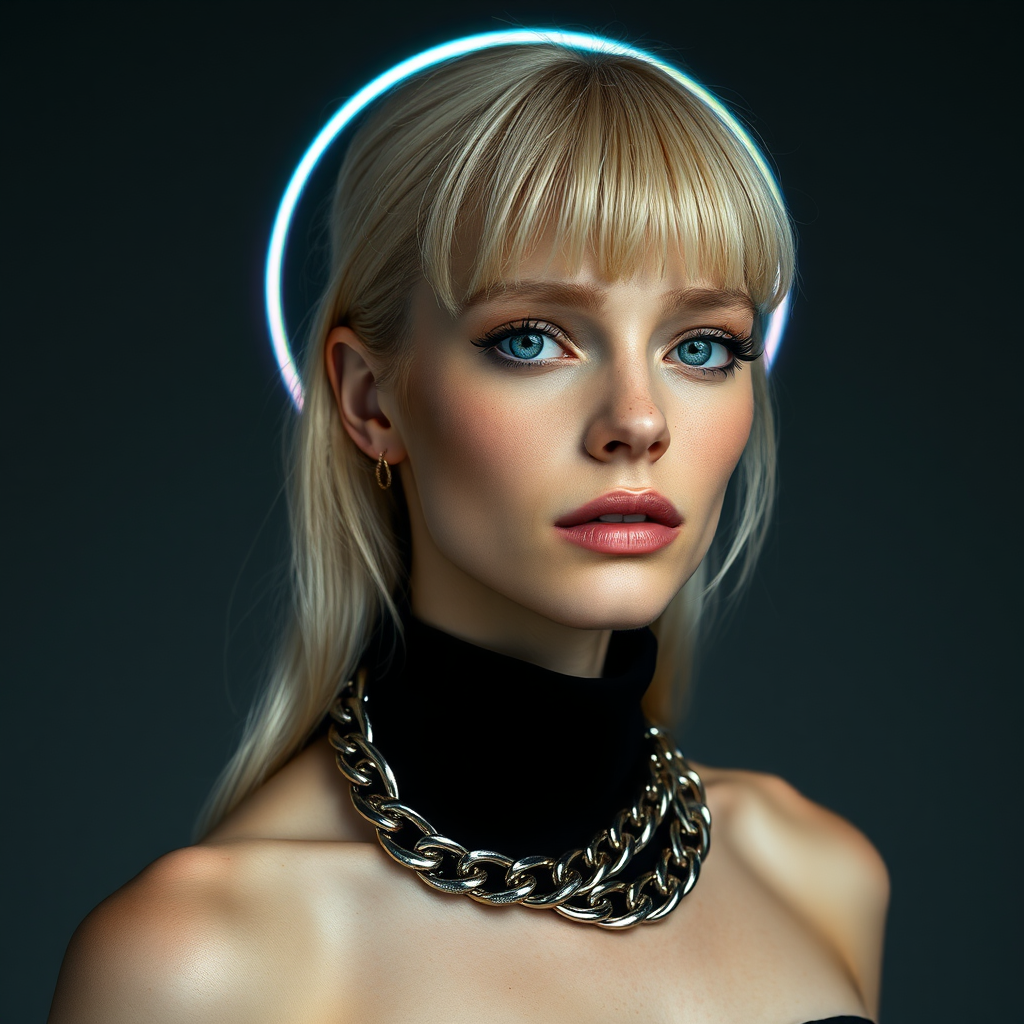 Beautiful Russian model with holographic halo in surreal biomechanics.