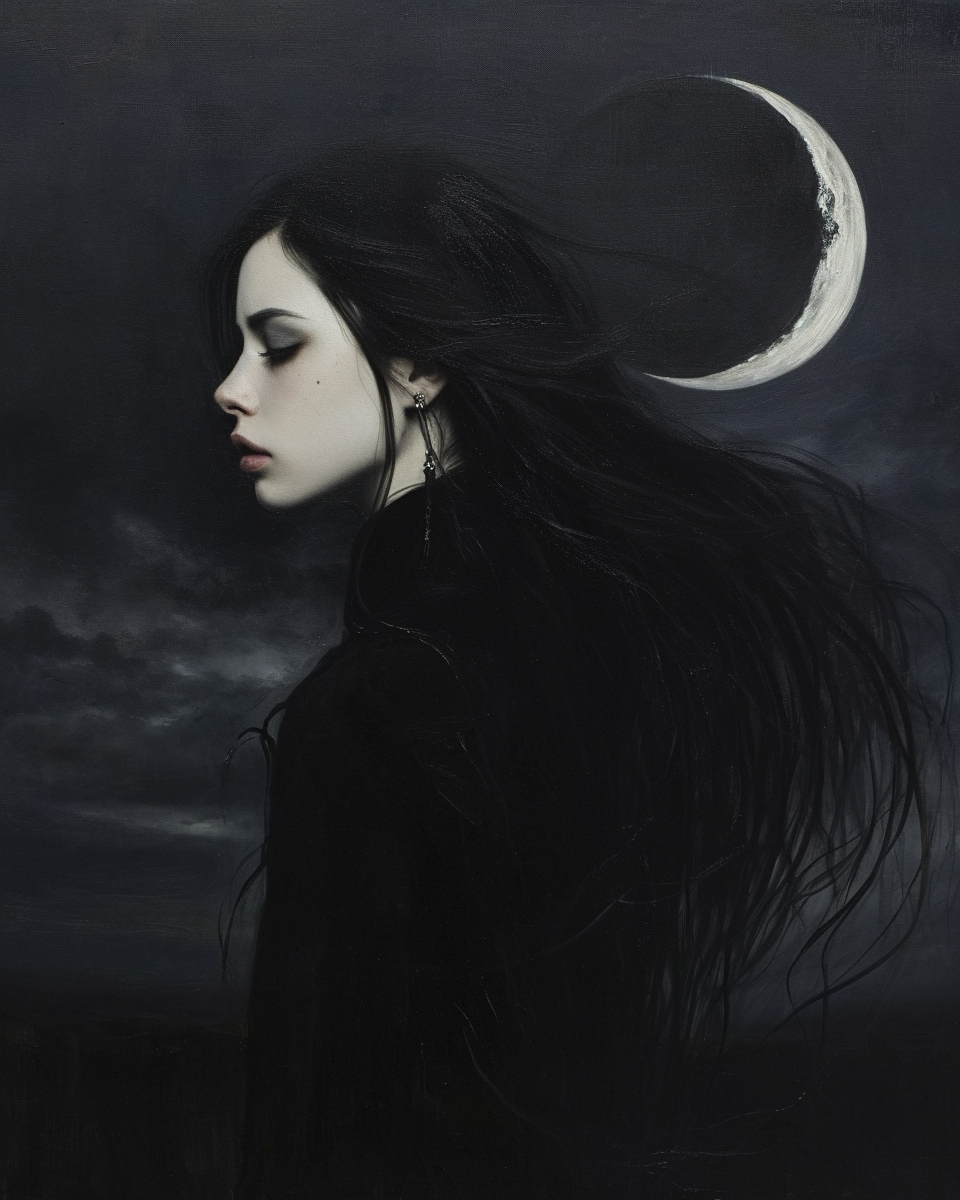 Ethereal Gothic Sorceress Black Moon Oil Painting