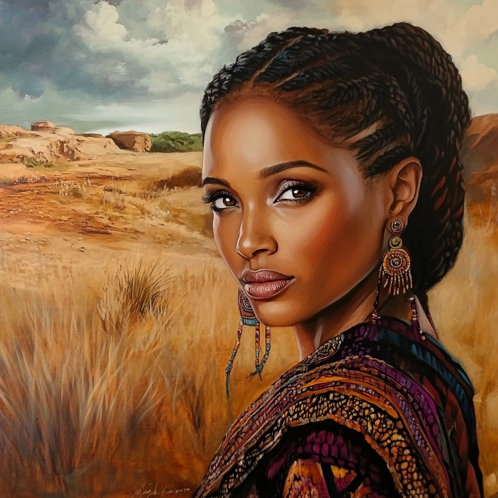 Beautiful South African woman smirking in stunning painting.